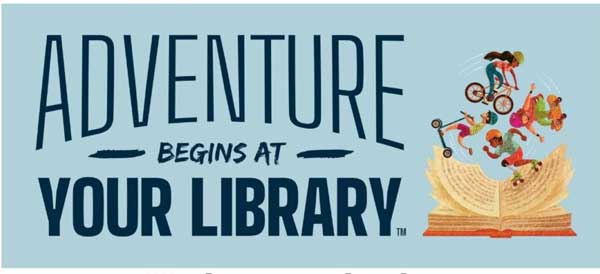Adventure Begins at Your Library with cartoon book